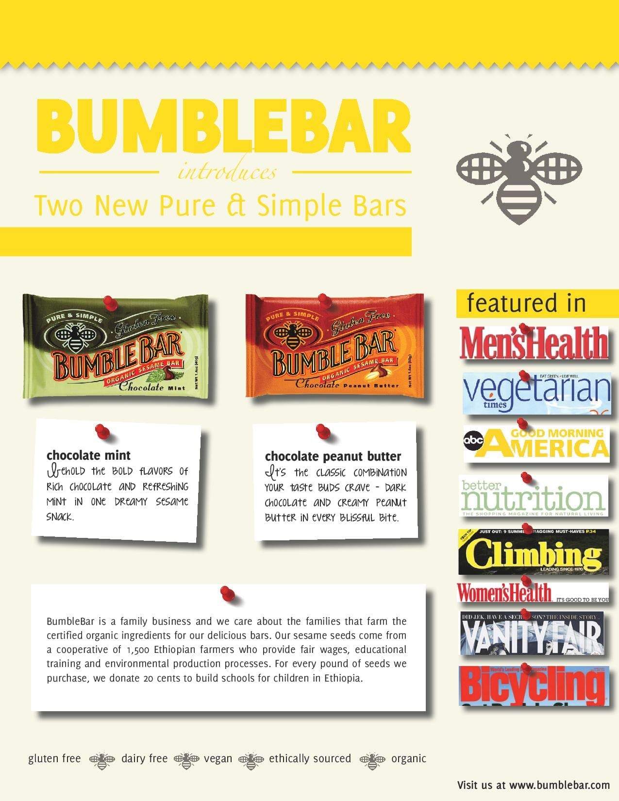 BumbleBar Introduces Chocolate Mint and Chocolate Peanut Butter, BumbleBar, BumbleBars, Men's Health, Vegetarian, Good Morning America, Better Nutrition, Climbing, Women's Health, Vanity Fair, Bicycling