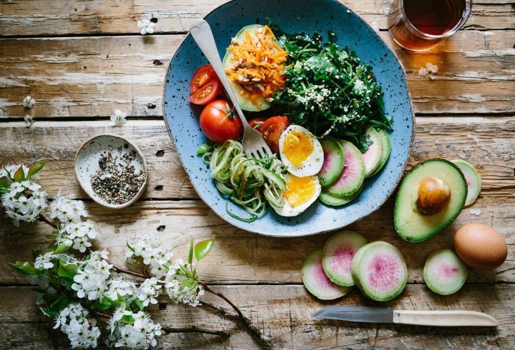 Healthy meal with delicious healthy food, eggs, avocado, tomato, kale