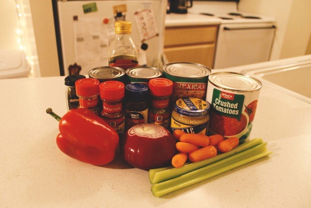 vegan, vegetarian, chili, vegan chili, vegetarian chili, BumbleBar, celery, bell pepper, onion, paprika, oregano, cumin, bay leaf, pinto beans, black beans, crushed tomatoes, olive oil, carrots, garlic