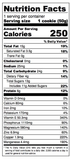 Nutrition facts for no-bake healthy holiday maca cookie