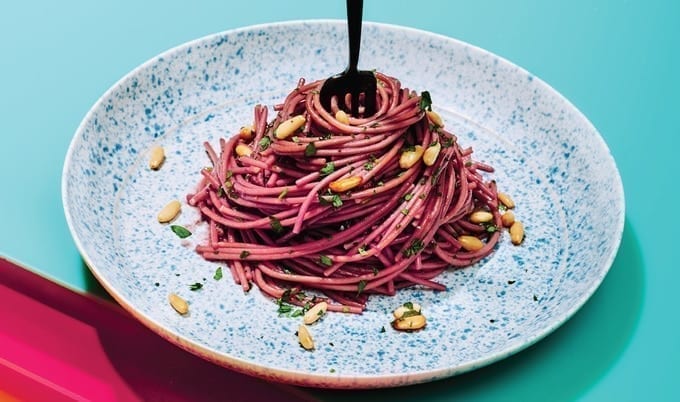 Gluten-free drunken chickpea spaghetti with red wine